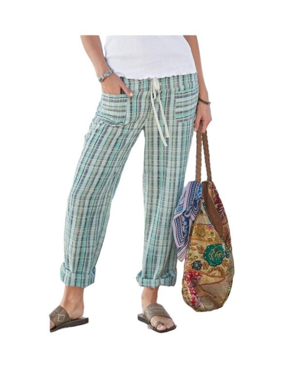 Sundance Gigi Pants XL 16 18 Cotton Plaid Coastal Boho Drawstring